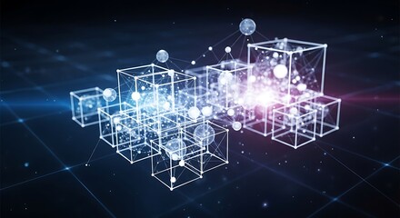 A futuristic digital illustration of glowing white 3d cubes and geometric shapes in a dark blue space background