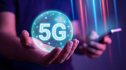 Man holding a glowing 5G orb representing next generation wireless technology and high speed internet connectivity with his smartphone in the background.