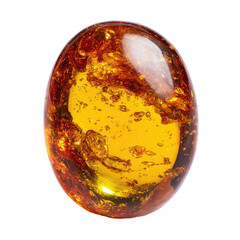 Close-up of a glossy, translucent amber stone with visible inclusions and bubbles, set against black
