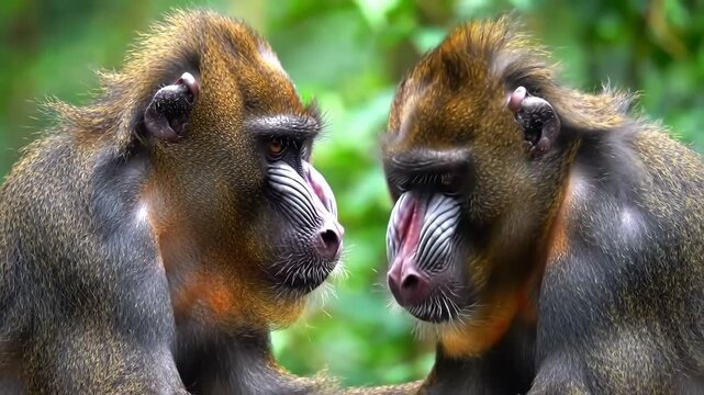 Two Mandrill Monkeys close up in forest. Animal wildlife, exotic, primate.