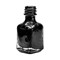 Black liquid swirl inside a small, transparent bottle against a stark black background