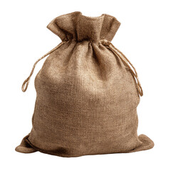 Close-up of a burlap sack, full and tied at the top, on a transparent background