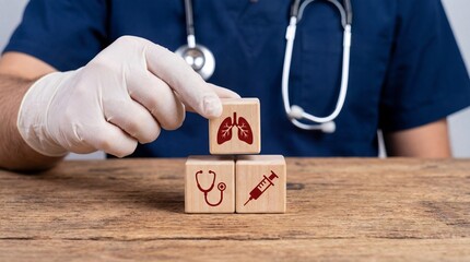 Doctor wearing blue scrubs and latex gloves stacks wooden blocks with red medical symbols including lungs, stethoscope, and syringe on a table.