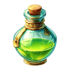 A luminous, green potion bottle, capped with a cork, and accented with gold details