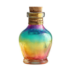 A vintage glass bottle with a cork stopper, filled with a vibrant gradient of colors