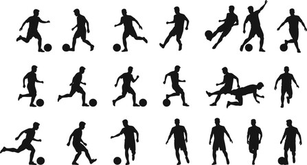 Soccer player silhouette collection vector illustration set showing football athletes dribbling, kicking, running, and action poses isolated on white © MstGulzan