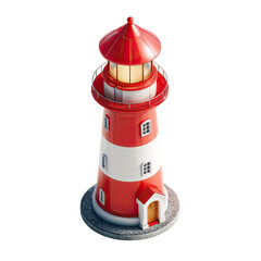 Isometric view of a classic red and white striped lighthouse with a red roof, a light