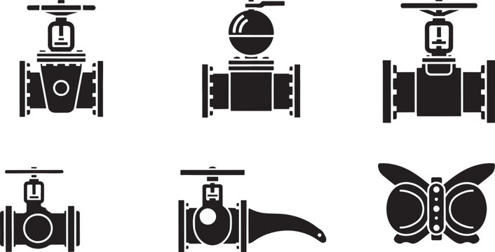 Black sketched of industrial valves and a butterfly on white background pipe fitting plumbing
