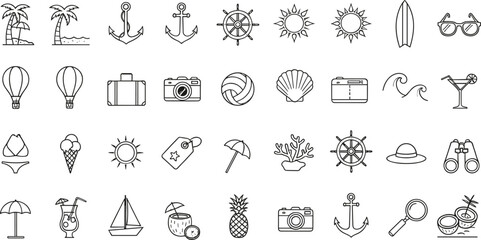 Summer travel outline icon set vector illustration featuring beach, vacation, sea, nautical, and holiday symbols in clean minimal line style © MstGulzan