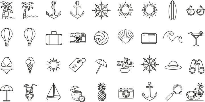Summer travel outline icon set vector illustration featuring beach, vacation, sea, nautical, and holiday symbols in clean minimal line style