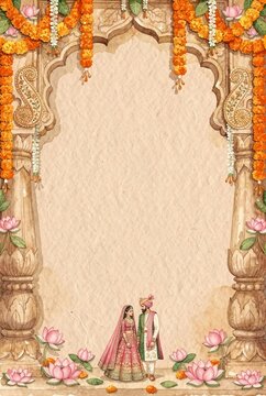 Indian Wedding Frame Bride and Groom Illustration Mughal Arch