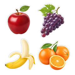 Fresh red apple, purple grapes, peeled banana, and juicy oranges collection isolated on white background, perfect for healthy eating promotions