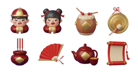 3d flat vector illustration various traditional Chinese new year icons set collection traditional symbol, Lunar and spring festival celebration, oriental culture, luck, prosperity, good fortune items