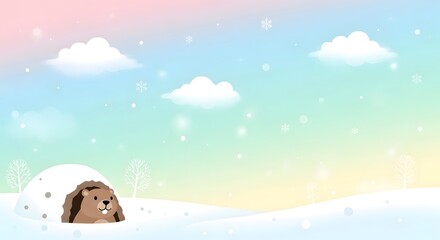 Obraz premium A cute brown bear peeking out from behind a snowbank on a colorful winter day with clouds and snowflakes