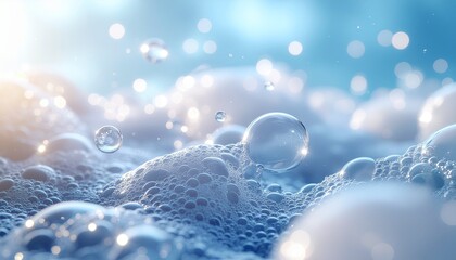 Close-up view of shimmering soap bubbles and foam with sparkling water droplets against a soft blue background, suggesting cleanliness and freshness.