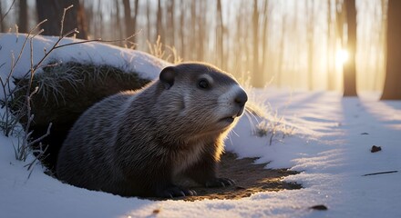 Obraz premium Groundhog emerging from burrow in snowy winter landscape at sunrise