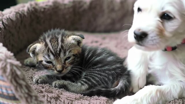 Cute newborn Kitten sleeping cuddled with puppy in a pet bed, friendship concept. Kitten, puppy, sleeping, friendship, pet bed, pets, cute.