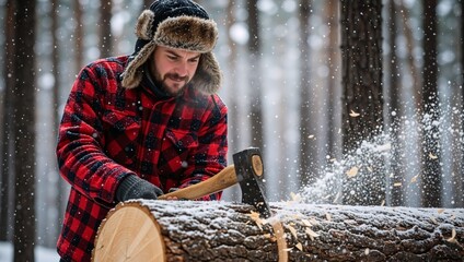 A bearded man is splitting a snow-covered log with an axe in a coniferous forest.