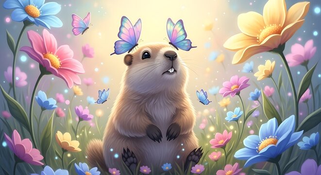 Cute groundhog surrounded by colorful spring flowers and butterflies in a magical garden setting