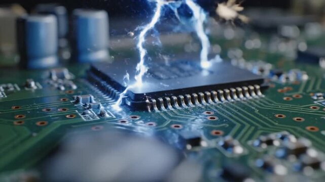 Close-up of electric arc⚡️⚡️⚡️ striking a computer processor chip on circuit board