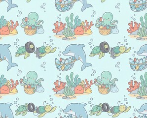 Cute Ocean Animals Cleaning the Sea Seamless Pattern for Kids and Environmental Education