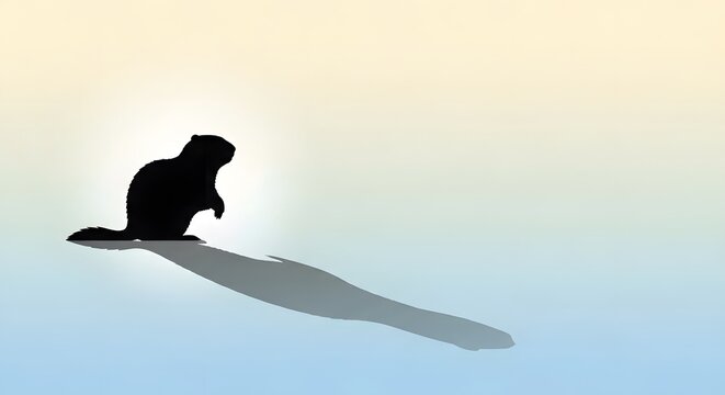 Silhouette of a groundhog or woodchuck casting a long shadow against a fading sunrise or sunset sky