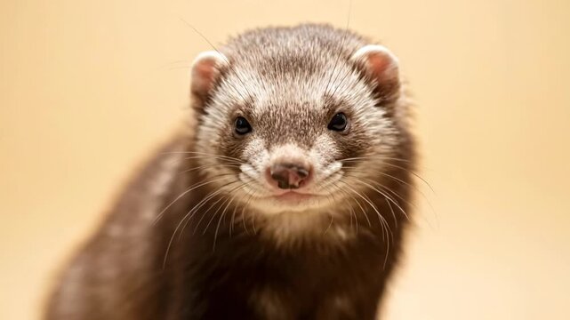 Detailed Close-up Portrait of a Domestic Ferret Looking Directly at the Camera Against a Soft Beige Background