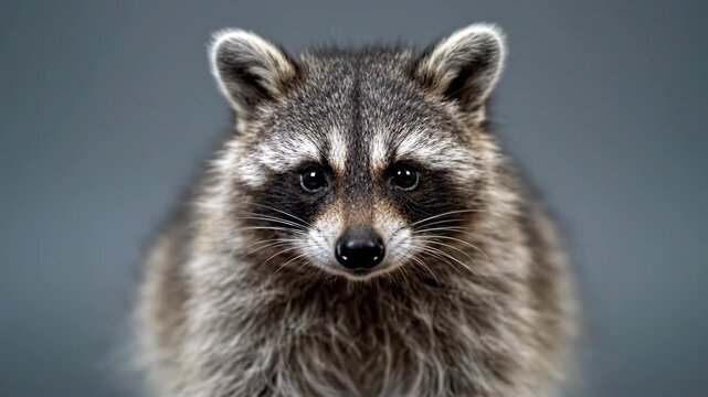 Studio Portrait of a Raccoon Looking Directly at the Camera. Detailed close-up of a North American wildlife mammal (Procyon lotor) with sharp focus on the face and eyes against a gray background.