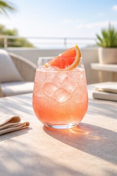 Paloma spritz cocktail on a sunlit terrace with fresh grapefruit slices  