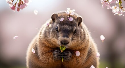 Chubby groundhog eating greens surrounded by falling cherry blossom petals in spring sunlight