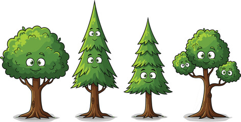 Set of cute cartoon tree characters with happy faces including oak and pine evergreen trees isolated on white background for nature education and environment © Ajmira