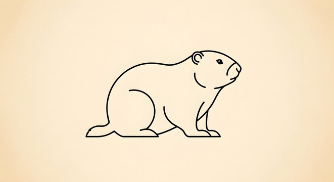 Simple line drawing of a groundhog or woodchuck sitting, black outline on a light beige background, cute animal illustration