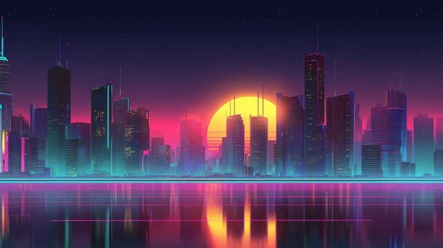 Futuristic city skyline with glowing buildings and sunset reflection in neon cyberpunk style against dark sky