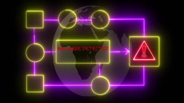 Malware detected warning message on black background cyber security alert. urgent threat notification concept with glowing red hazard icon.