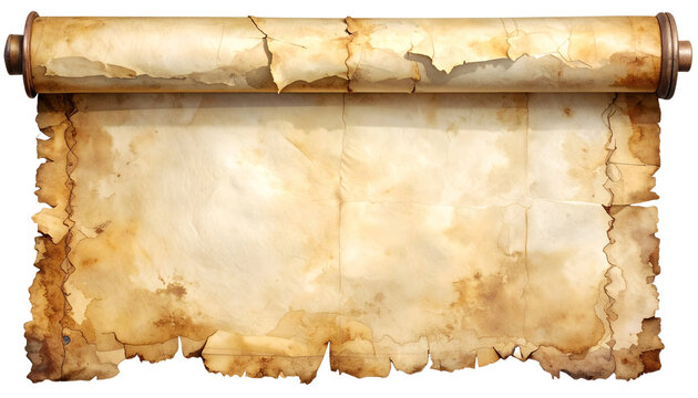 Antique textured parchment scroll and aged blank manuscript pages with a grungy sepia texture set on vintage wood and bamboo material for a brown retro design