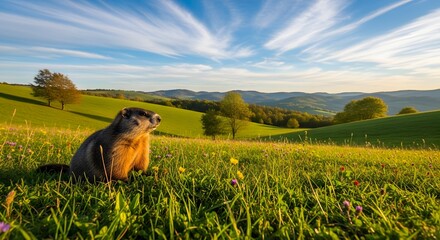 A groundhog sitting in a lush green meadow on a sunny day with rolling hills and trees in the background under a blue sky with wispy clouds