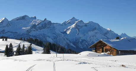 View of Mount Oldehore and Glacier 3000 in winter, Switzerland.