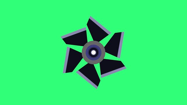 Abstract geometric design with six dark blades radiating from a central circular hub on a vibrant green background.