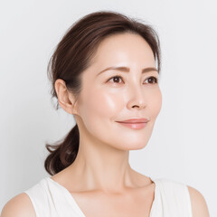 Obraz premium 50代, 女性, 美容, スキンケア, 化粧品, 美肌, エイジングケア, 若々しさ, 健康的, 自然体, 日本人, アジア人, 美容医療, 保湿, 美白, ツヤ肌, ナチュラルメイク, フェイシャルケア, 美容液, クリーム, マスク, リフトアップ, シワ改善, ハリ肌, エステ, 美容クリニック, 笑顔, クローズアップ, ポートレート, リラックス, ヘルシーライフスタイル, アンチエイジ