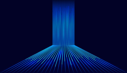 High speed digital data transfer concept featuring glowing blue vertical and horizontal perspective lines on a dark background. © gusense