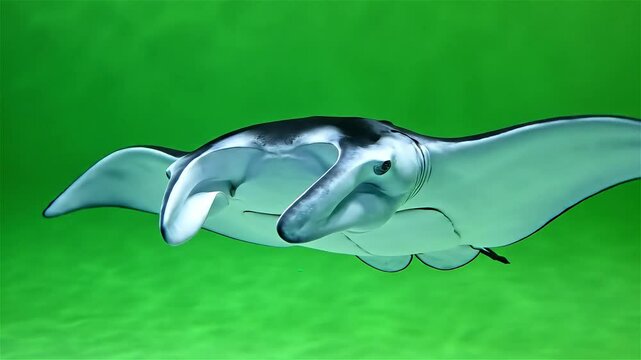 A majestic manta ray gracefully glides through vibrant green ocean waters, showcasing its impressive wingspan and unique cephalic lobes.