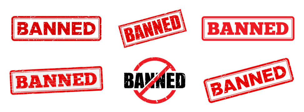 Banned rubber stamp collection. Alert, grunge, warning, illegal, restricted, ban, and denied design set. Vector illustration with transparent background