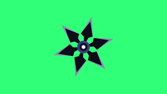 A black six-pointed shuriken or ninja star with a blue and grey center on a vibrant green background.