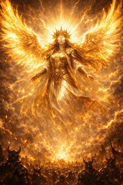 Majestic Goddess of Sun and Fire Descending upon an Ancient Army with Flaming Sword