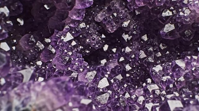 Close-up of sparkling purple amethyst geode crystals, natural mineral texture