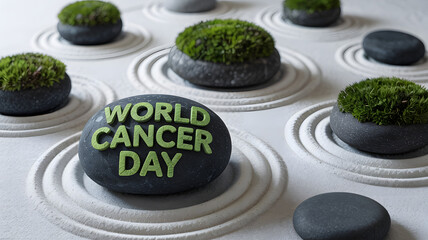 World Cancer Day stone in a serene Zen garden with white raked sand and green mossy stones under bright light conveying global health awareness
