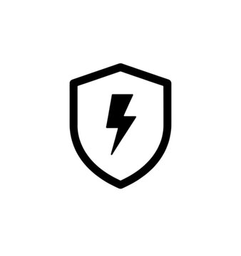 A minimalist black silhouette vector image of a lightning bolt centered within a shield icon, representing electrical surge protection and energy safety management