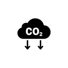 A minimalist black and white vector image of a CO2 cloud with downward-pointing arrows, symbolizing the reduction of carbon dioxide emissions and environmental sustainability efforts