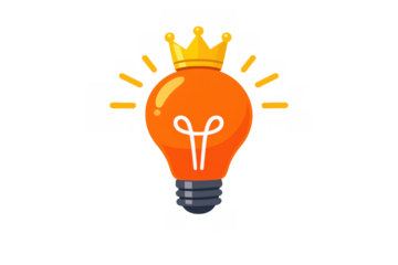 Orange light bulb wearing a golden crown, symbolizing a top idea, creative leadership, success, and innovation
