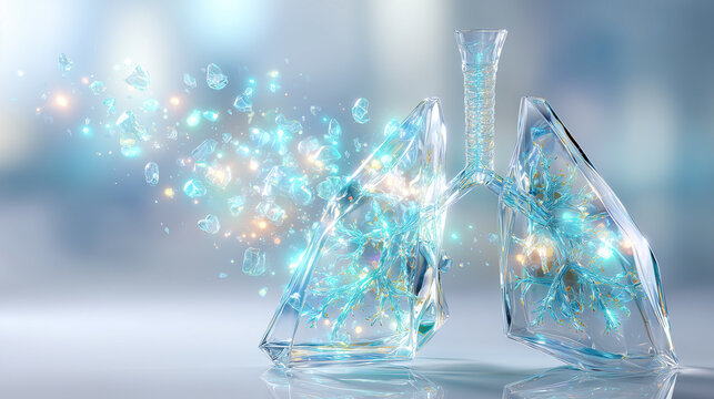 Futuristic crystal lungs with shattering blue particles representing fresh breath, recovery and respiratory clearing concept